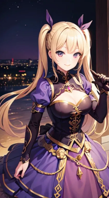 最high quality,very detailed,high quality,Extremely detailed,masterpiece,Super fine,超High resolution,超high quality,super realistic、(1 person:1.2)、woman、(Mature:1.5)、Blonde Hair Color、(Braid)、(Captivatingly shining purple eyes)、big breasts 、slender body、(smi...