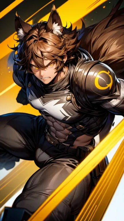 Man animation style Boku no hero brown hair wolf ears striking yellow eyes strong physique with black hero costume very handsome very handsome 