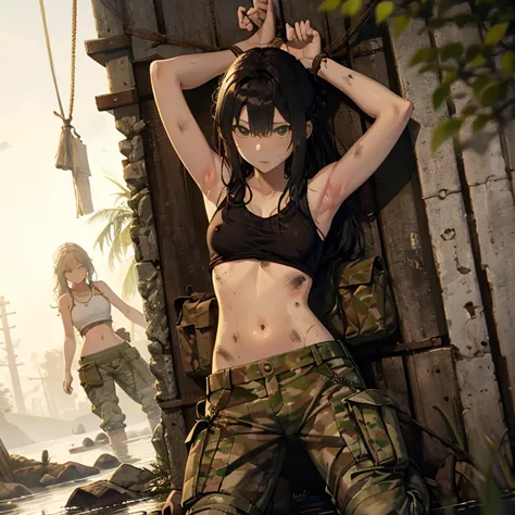 a group of  female soldiers, (in swamp), various hair styles, tank top, harem, beautiful leg, midriff, camouflage military trous...