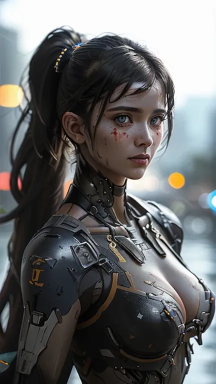 (masterpiece), (extremely intricate:1.3), (realistic), portrait of a girl, the most beautiful in the world, (black cyborg armor), metal reflections, upper body, detail complex background, futuristic city background, nighttime, professional photograph of a ...