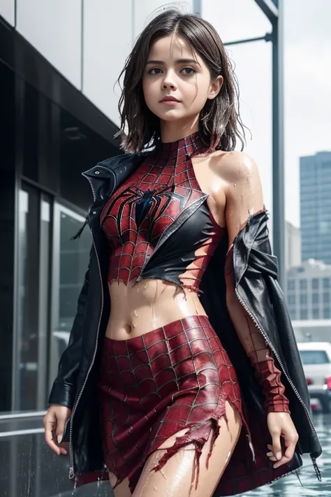 jenna louise coleman、マーベル・コミック映画のposter, very beautiful, movies about spiderman, sexy, whole body, Im wearing a skirt、premiere date, poster、belly buttonを突き出す、new york、she&#39;s wearing a torn spiderman suit,the suit is torn、wearing a skirt、 red and black c...