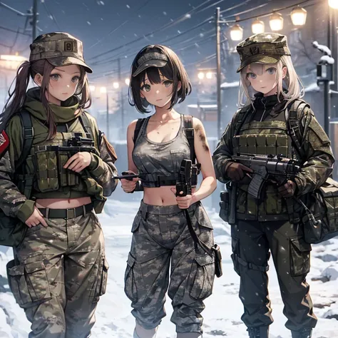 a group of  female soldiers, (in snow storm), various hair styles, tank top, harem, beautiful leg, midriff, camouflage military ...