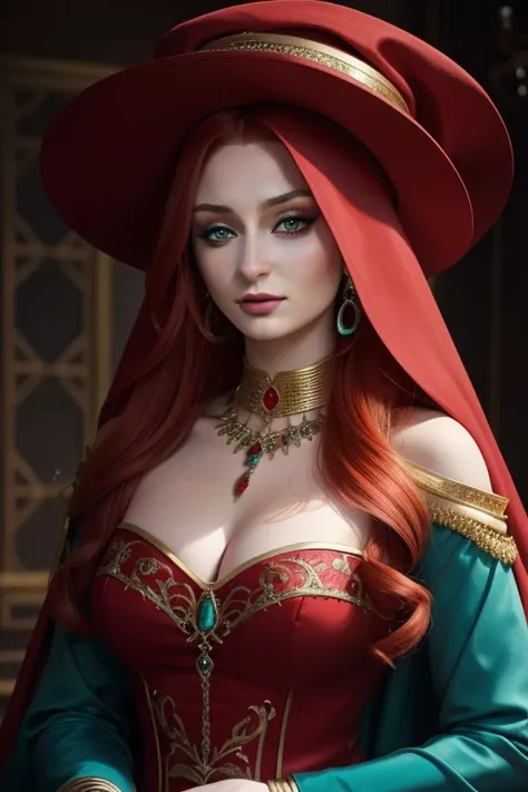 Sophie Turner, ((VERY INTENSE MAKEUP)), smiling, neckline, voluptuous woman, Beautiful ethereal woman. color scheme of tuquoise and red., wearing turquoise and gold jewlery, wearing a red hat, long gown