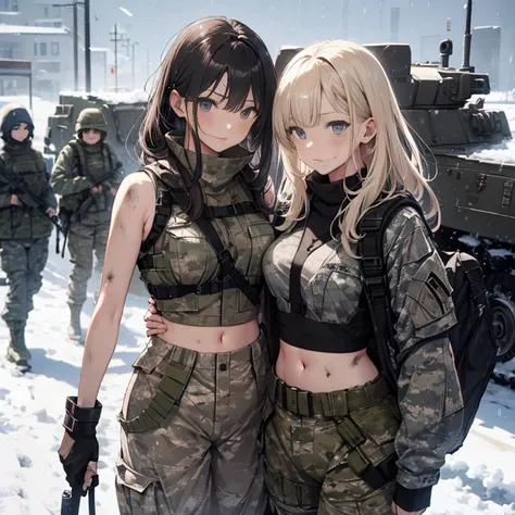 a group of  female soldiers, (in snow storm), various hair styles, tank top, harem, beautiful leg, midriff, camouflage military ...