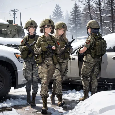 A group of  female soldiers, (in snow storm), various hair styles, tank top, harem, beautiful leg, midriff, camouflage military trousers, showings off armpits, seducing, bdsm, dirty