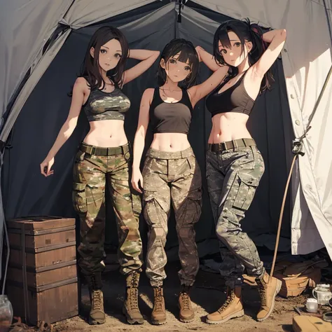 a group of  female soldiers, (in tent), various hair styles, tank top, harem, beautiful leg, midriff, camouflage military trouse...