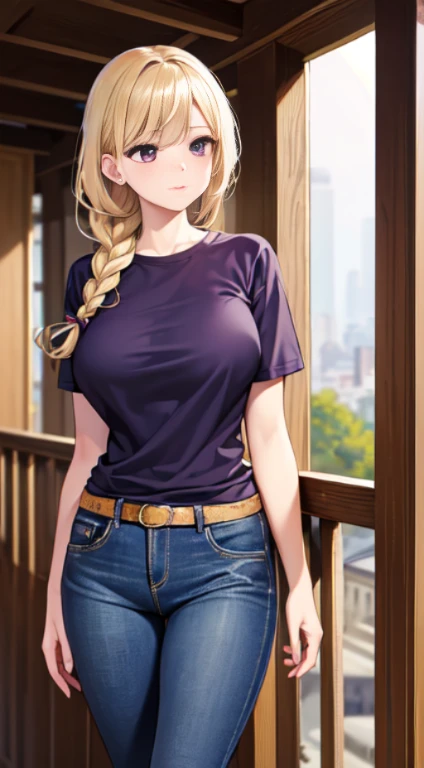 最high quality,very detailed,high quality,Extremely detailed,masterpiece,Super fine,ultra high resolution,超high quality,super realistic、(1 person:1.2)、woman、(Mature:1.5)、Blonde Hair Color、(Braid)、(Captivatingly shining purple eyes)、big breasts 、slender body...