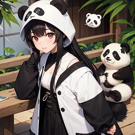 a woman with black hair, brown eyes, panda ears and wearing a panda outfit