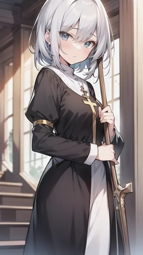 A priest who fights with a staff, girl, silver hair, light blue eyes. (high resolution), (extremely detailed CG), realistic, extremely cute anime girl,beautiful eyes and face. gentle expression