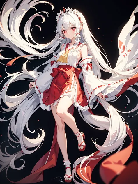 anime girl in a white dress with long black hair and a red sash, gothic maiden anime girl, flowing hair and long robes, artistic render of reimu hakurei, anime girl with long hair, the piercing stare of yuki onna, reimu hakurei, anime goddess, ethereal ani...