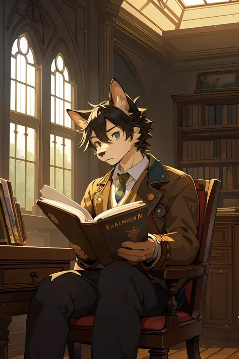 cover, high resolution, top quality, best quality, Unparalleled masterpiece, perfect work of art, Ridiculous, High quality illustrations, 超high resolution, Detailed background, perfect anatomy(1 boy, alone, Kanno, furry human, student,Reading )In a room wi...