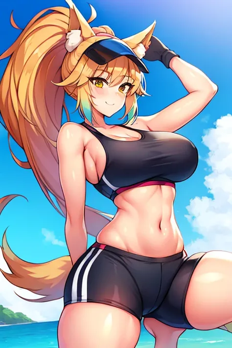 amy, ponytail, bangs, long hair, fox ears, fox tail, thick thighs, large brrasts, 1girl, wide hips, smile, ponytail, sports bra,