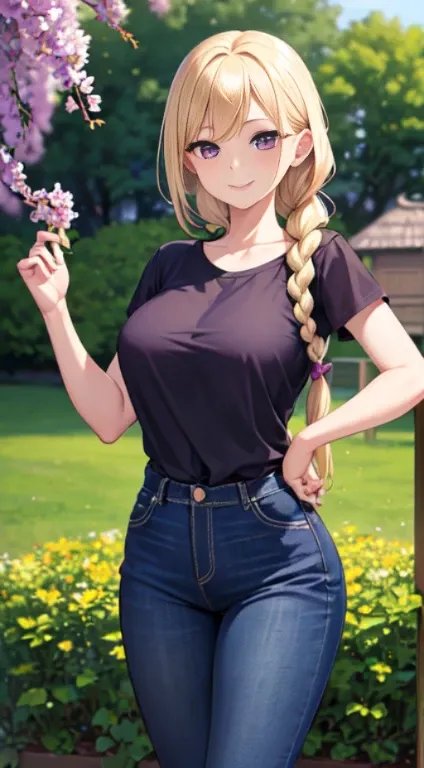 最high quality,very detailed,high quality,Extremely detailed,masterpiece,Super fine,ultra high resolution,超high quality,super realistic、(1 person:1.2)、woman、(Mature:1.5)、Blonde Hair Color、(Braid)、(Captivatingly shining purple eyes)、big breasts 、slender body...