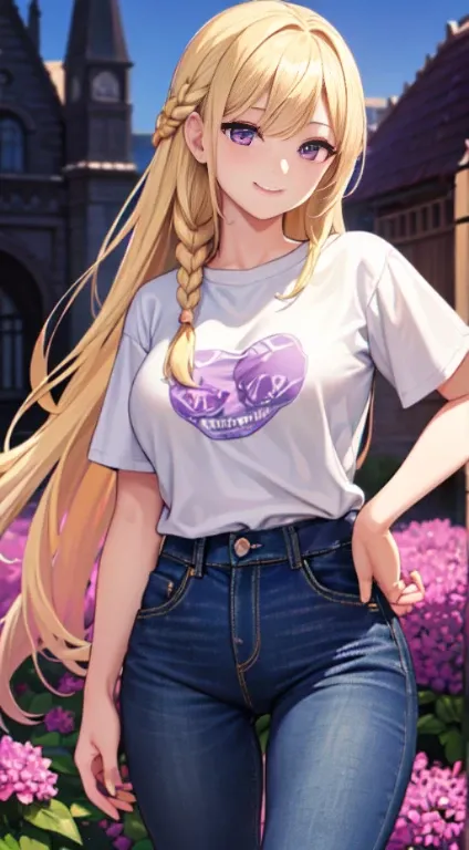 最high quality,very detailed,high quality,Extremely detailed,masterpiece,Super fine,ultra high resolution,超high quality,super realistic、(1 person:1.2)、woman、(Mature:1.5)、Blonde Hair Color、(Braid)、(Captivatingly shining purple eyes)、big breasts 、slender body...