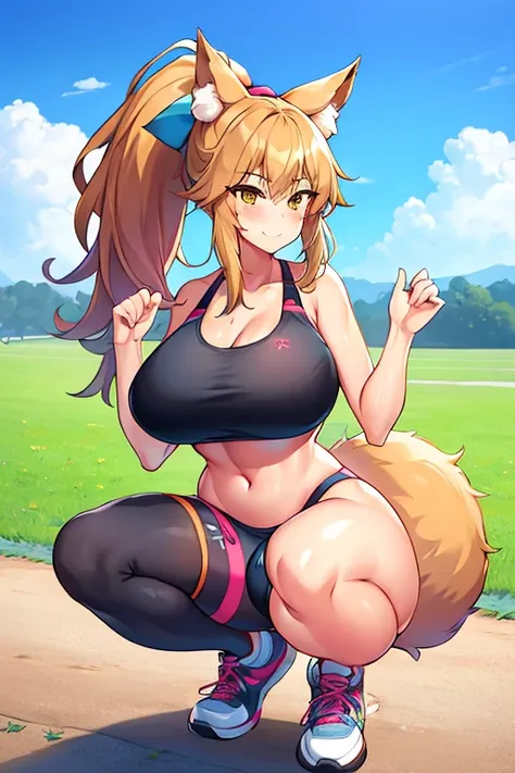 amy, ponytail, bangs, long hair, fox ears, fox tail, thick thighs, large brrasts, 1girl, wide hips, smile, ponytail, sports bra, spread legs, squatting, sneakers, shoes, thighhighs, black thighhighs