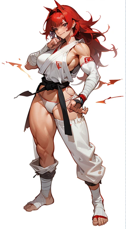 Tall, muscular, crazy woman, Smiling, medium tits, big butt, long, spiky red hair. Gray fighting dog, with torn sleeves, with a white karate belt, bandages on his hands and feet, white panties, standing, white background, full HD, 8K, Cinematic lights, sup...