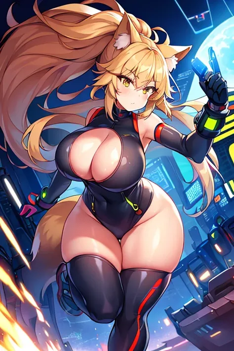 amy, ponytail, bangs, long hair, fox ears, fox tail, thick thighs, large brrasts, 1girl, wide hips, ponytail, black bodysuit, bodysuit, futuristic, machinery, science-fiction, tech