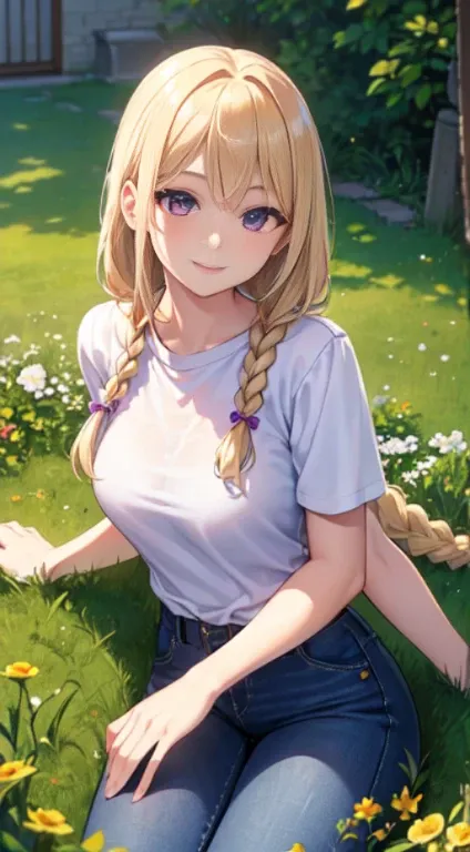 最high quality,very detailed,high quality,Extremely detailed,masterpiece,Super fine,ultra high resolution,超high quality,super realistic、(1 person:1.2)、woman、(Mature:1.5)、Blonde Hair Color、(Braid)、(Captivatingly shining purple eyes)、big breasts 、slender body...