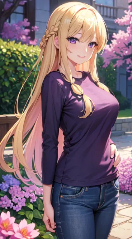 最high quality,very detailed,high quality,Extremely detailed,masterpiece,Super fine,ultra high resolution,超high quality,super realistic、(1 person:1.2)、woman、(Mature:1.5)、Blonde Hair Color、(Braid)、(Captivatingly shining purple eyes)、big breasts 、slender body...