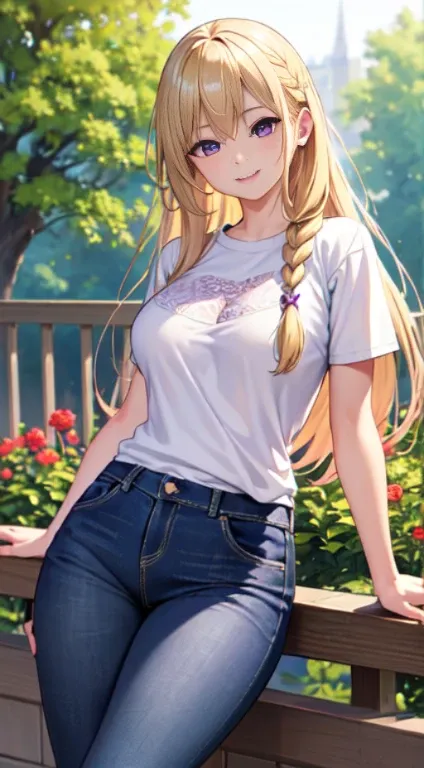 最high quality,very detailed,high quality,Extremely detailed,masterpiece,Super fine,ultra high resolution,超high quality,super realistic、(1 person:1.2)、woman、(Mature:1.5)、Blonde Hair Color、(Braid)、(Captivatingly shining purple eyes)、big breasts 、slender body...