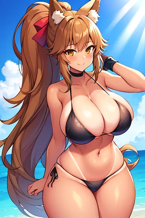 amy, ponytail, bangs, long hair, fox ears, fox tail, thick thighs, large brrasts, 1girl, wide hips, smile, ponytail, bikini, black bikini, tan, tan skin, highleg bikini