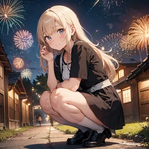 Seitenansicht einer Frau mit japanischem Pferdeschwanz, who is crouching down holding a firework