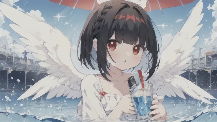 Moe illustration,1人Angel of(black hair,red eyes,bob hair,Patsun bangs,Angel of),soda water,cider,summer,light blue