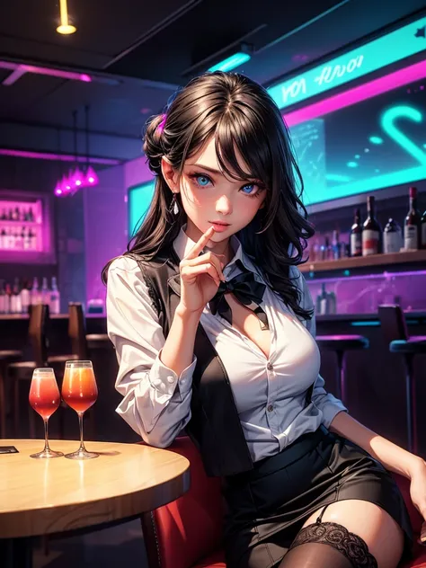 a lady, permanent, bartender, ((Black vest with white shirt) black tie), (black skirt with black lace stockings high heels), Stylish clothing, adult, Sexy, black hair, very long wavy hair, half updo half up half down, shine blue eyes, long upper eyelashes,...