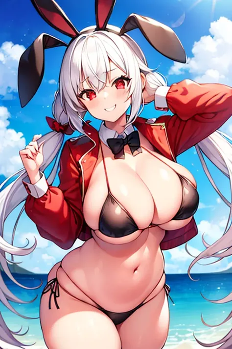 1girl, white hair, twintails, twin tails, bunny ears, rabbit ears, bikini, black bikini, smile, breasts, large breasts, thick thighs, wide hips, red eyes, fake animal ears, red jacket, highleg bikini, highleg, beach, cropped jacket, jacket,