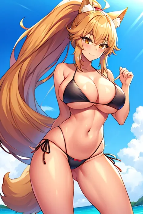 amy, ponytail, bangs, long hair, fox ears, fox tail, thick thighs, breasts, 1girl, wide hips, smile, ponytail, bikini, black bikini, tan, highleg, highleg bikini, toned, toned female, tall female, tall,