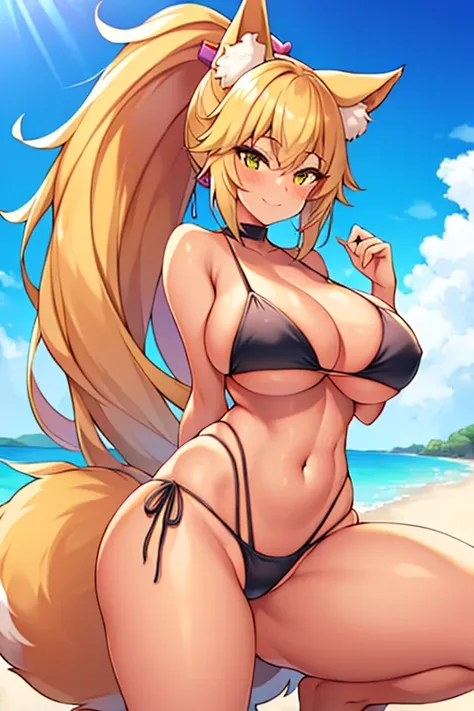 amy, ponytail, bangs, long hair, fox ears, fox tail, thick thighs, breasts, 1girl, wide hips, smile, ponytail, bikini, black bikini, tan, highleg, highleg bikini, toned, toned female, tall female, tall,