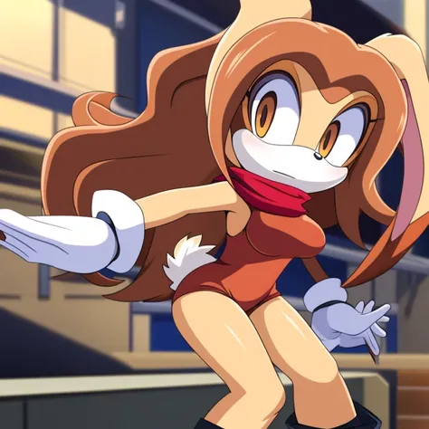 Female, Mobian, Rabbit, Cream the Rabbit, sonic the hedgehog (series), rabbit girl, ((solo)), ((1girl)), ((hairstyles, long wavy hair with side bangs)), (eyes open), serious, young adult, average sized breasts, hair on top of shoulders, long peach hair col...