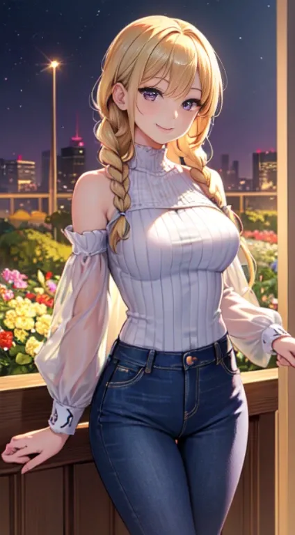 最high quality,very detailed,high quality,Extremely detailed,masterpiece,Super fine,ultra high resolution,超high quality,super realistic、(1 person:1.2)、woman、(Mature:1.5)、Blonde Hair Color、(Braid)、(Captivatingly shining purple eyes)、big breasts 、slender body...