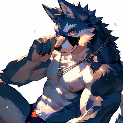 (masterpiece,highest quality,super detailed,perfect anatomy),kemono,white background,particles of light,sharp focus,by null-ghost,alone,anthro,Wolf,naked,muscular (white fur:1.5,white body:1.5),looking at the viewer,fine eyes,thong,dog tag
