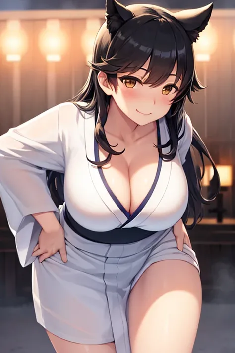 perfect face, atago, black hair, long hair, brown eyes, animal ears, light background, facing forward, cowboy shot, lust smile, in the center, giant breasts, ((bending over)), hands on hips, ((white yukata)),