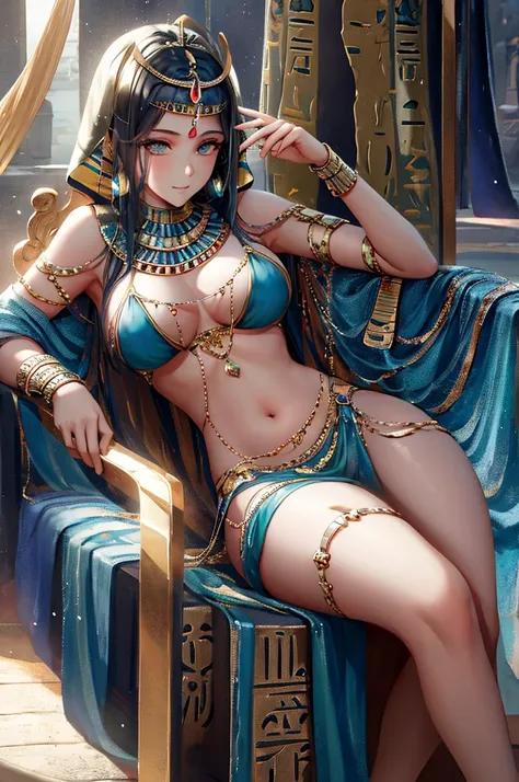 (very detailed:1.2),(Best quality:1.2),8 k,sharp focus,(Subsurface scattering:1.1),(nsfv:1.1), (Photo, award winning:1.2),1 girl (beautiful girl in a detailed costume of an Egyptian queen:1.3), (detailed ancient egyptian throne room with sandstone and hier...