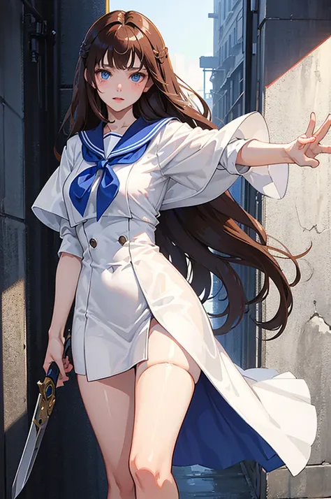 solo / 1girl，brown hair、Waist-length hair、blue eyes、beautiful eyes，Delicate Eyes，Droopy eyes，Beautiful lips，Beautiful lips，white sailor suit，Firearms，Put your back against the wall，Holding the weapon with both hands，white knee high socks，