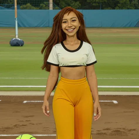 Reggie Abbot,Una chica ,Sola ,Soccer field, Sonriendo,red soccer sports shirt , amarillo y negra como la bandera de Alemania,Short blanco ,tennis negros,soccer ball next ((alta calidad)),((imagen definidas)),((cuerpo entero y perfecto)).