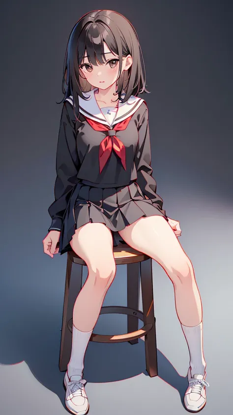 ( High definition, high quality , Perfect Anatomy),(1 Female, Black hair, medium length hairstyle, Gradient brown eyes, black eyeliner, thin lips),( High school girl uniform, pleated mini skirt),( Sit down and spread legs)