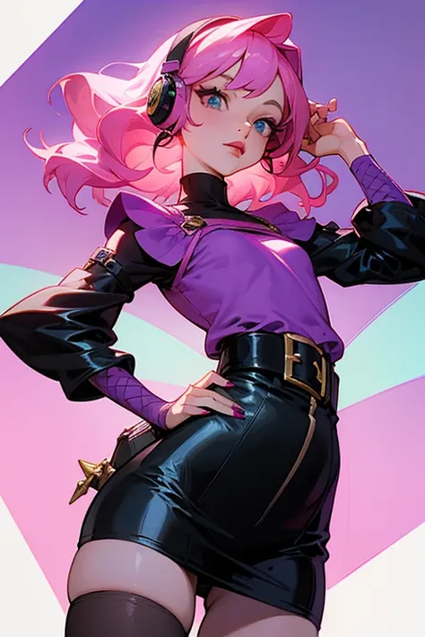 
wavy, short, pink hair that falls to the sides covering her ears, large, sharp, turquoise eyes, long eyelashes, small nose, wide red lips, pale, white skin, pink turtleneck top, colored violet sleeves that goes from her arms to her hands, black pantyhose,...