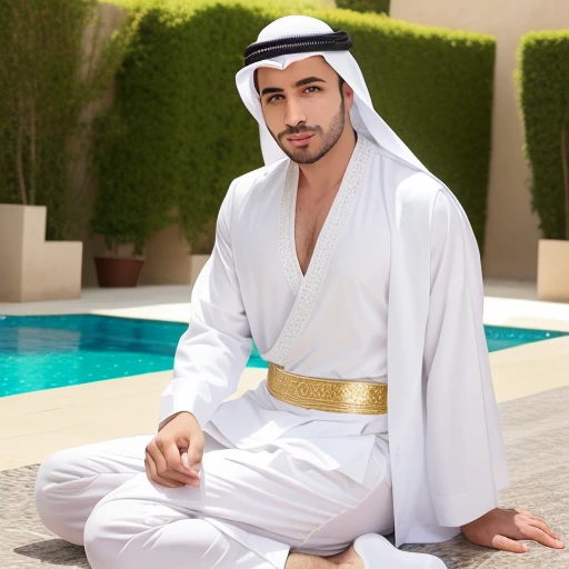 arafed man in a white clothes arabic sitting by a pool, beautiful and elegant, handsome male, homme attrayant, bel homme, portrait, vêtements traditionnels arabe Saudi , attractive male, beau et attirant, attrayant et beau, Beau jeune homme, male model, wh...