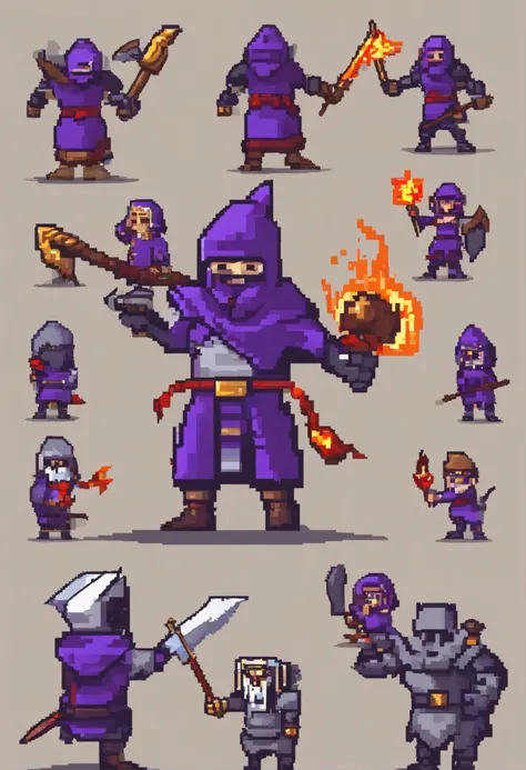 Pixelated image of a wizard in purple clothing and gray hood wearing a burning staff and a warrior in purple clothing and a cap
Gray ETE holding a golden axe fighting a warrior orc on a ruined plain