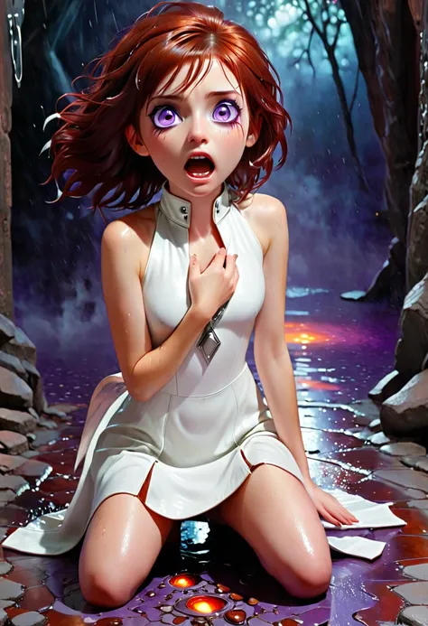 Falling fiery comets rain down)) (( scared features)) on a girl (( full body)) ((kneeling)) ((wide shocked purple eyes))with straight short reddish-brown hair and wearing white leather mini dress with a silver zip from her neck to the hem of the dress. A r...