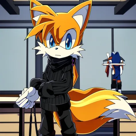 Male, Mobian, Fox, Miles Tails Prower the Fox, sonic the hedgehog (series), fox boy, ((solo)), ((blue eyes, (eyes open), serious, young adult, wearing a red anime styled scarf, wearing a black sweater, white gloves, (((2D Anime Style))), in tailor shop, an...