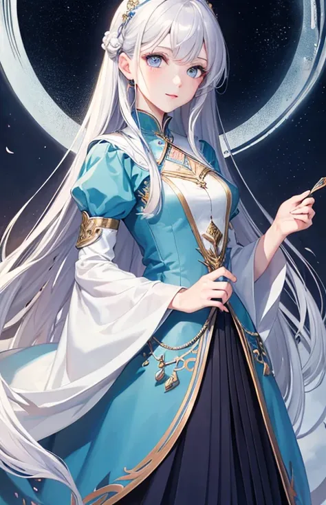 ((highest quality)), ((masterpiece)), (be familiar with), perfect face , beautiful girl , Long and beautiful silver hair , Beautiful light blue eyes , tarot cards ,