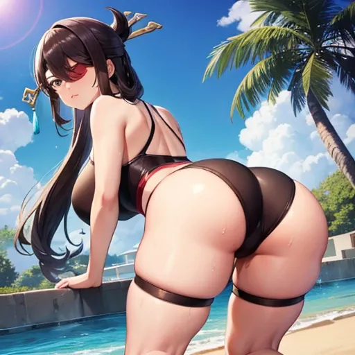 Anime, Beidou, Genshin impact, ship, buxom, curvy figure, fit, athletic, sexy, on all fours, eye patch, ass view, glistening sweat, two piece swimsuit