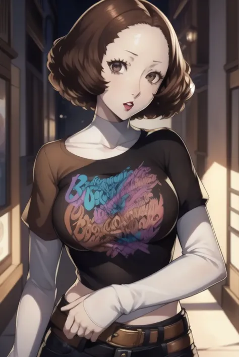 haruokumura, haru okumura, (brown eyes:1.5), brown hair, short hair,1girl, solo, standing, black t-shirt, white shirt, blue jean...