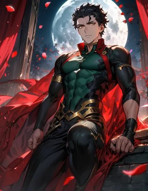 Ultra detailed, highres, absurdres, HDR, Diarmuid Ua Duibhne, black hair, golden eyes, mole under his eye, Fate Grand Order, handsome, 1 man only, red curtains, moon, window, petals,