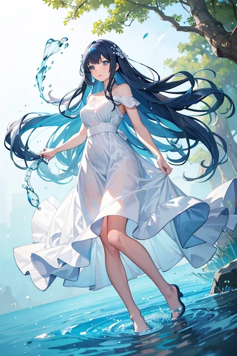 Grown-up woman, clear skin, very long hair, blue hair, blue eyes, white dress, Stepping on a branch, Suspended water particles 