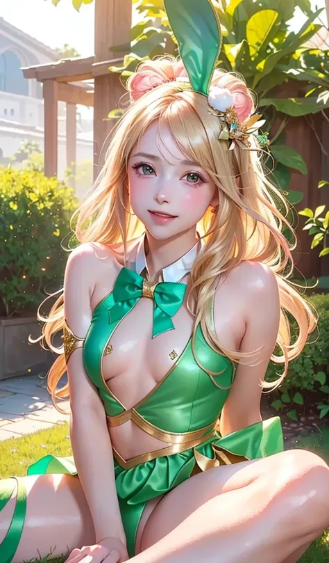 masterpiece, best quality, extremely detailed CG unity 8k wallpaper, (Upper Body head close-up shot of a beautiful little girl), , Elegant Long straight blonde hair, (Mckenna Grace), (flat chest,thighs), (green-pink) golden (Glittering tutu,long Bunny Ear ...